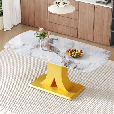 A modern minimalist dining table. Imitation marbled glass tabletop.