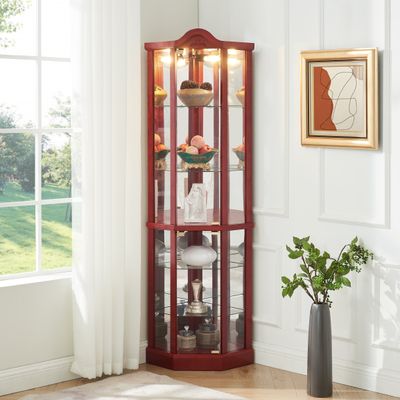 Lighted Glass Display Cabinet Corner Curio Cabinet with Adjus - Cherry Lighted Glass Display Cabinet Corner Curio Cabinet with Adjus - Cherry