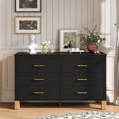 6 - Drawer Double Dresser, Modern Storage Cabinet with Meta - Black 6 - Drawer Double Dresser, Modern Storage Cabinet with Meta - Black
