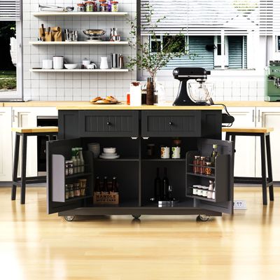 48" Kitchen Island with 2 Bar Stools - Black - Mdf - Model
