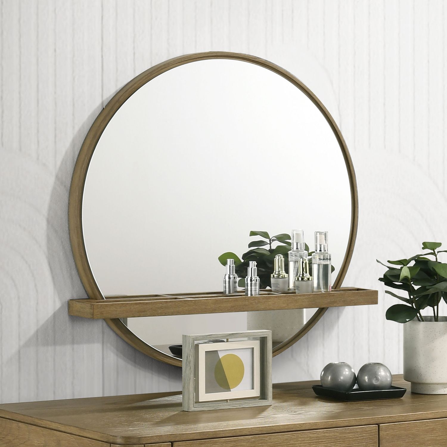 Benson Sand Wash Round Vanity Wall Mirror with Shelf