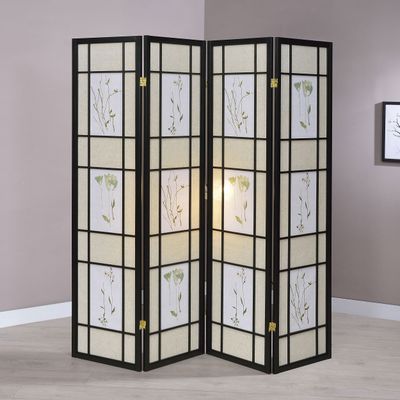 Floral and Black 4 - Panel Folding Screen with Floral Motif