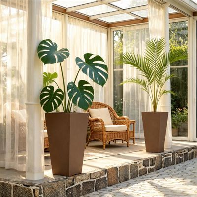 Chic Planters, Set of 2 Flower Planters, Outdoor Tall Planters - Brown Chic Planters, Set of 2 Flower Planters, Outdoor Tall Planters - Brown
