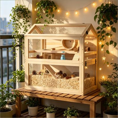 Spacious Small Animal Cage, Wooden Hamster Cage, Pet Cage - Natural