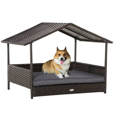 PawHut Wicker Dog House Outdoor with Canopy - Gray