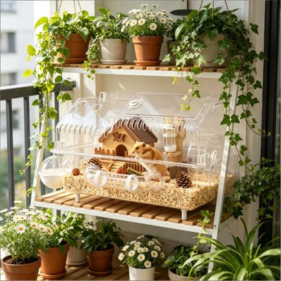 Small Animal Habitat Cage, Hamster Cage, Pet Cage - Natural Wood
