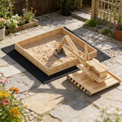 Kids Sandbox with Digger, Wooden Sandbox with Digger - Natural Wood