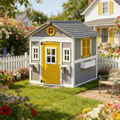 Backyard Playhouse, Wooden Playhouse, Outdoor Playhouse - Gray+Yellow
