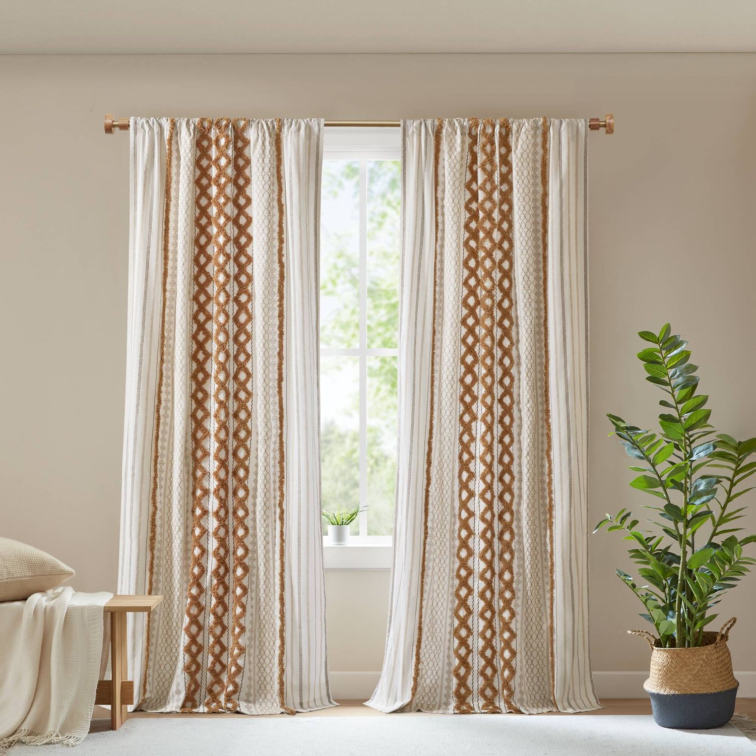 1 PC 50x84 1 PC 50x84" Cotton Printed Window Panel with Chenille Stripe and