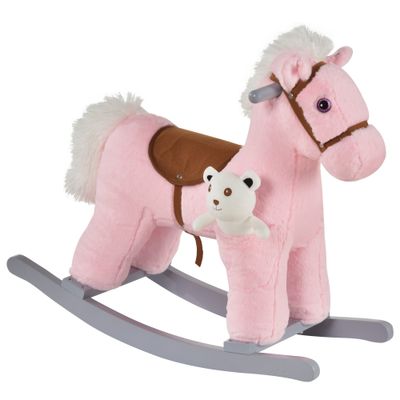 Qaba Kids Plush Ride - On Rocking Horse with Bear Toy - Pink