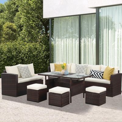 7 Piece Outdoor Patio Furniture Set - Brown+Beige