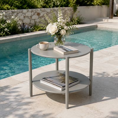 Metal Round Side Table, 2 - Tier Outdoor End Table for Patio - Grey
