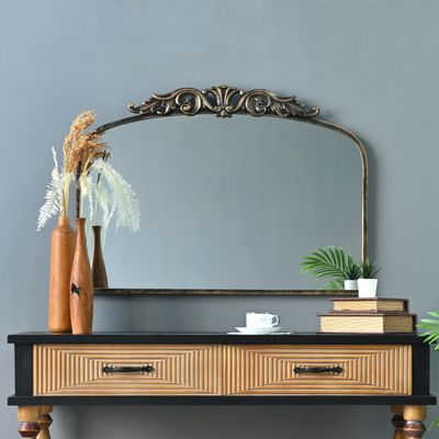 35.43"Wx29.13"L Handmade Distressed Antique Bronze Arched Metal Mirror