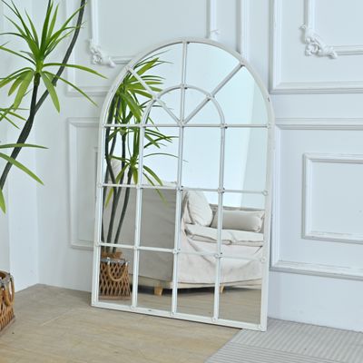 31.89"W x 46.46"L Handmade Distressed White Arched Metal Mirror
