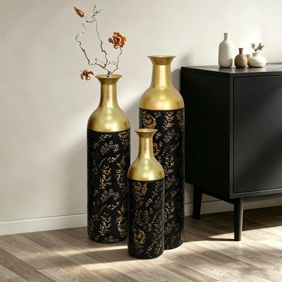 Decorative Metal Vases Set of 3 - Black+Gold