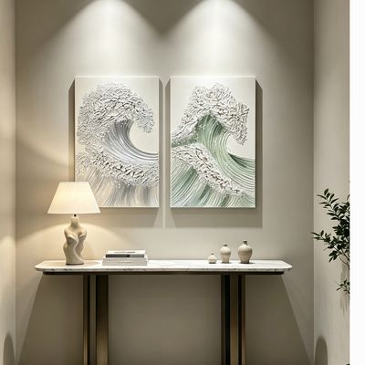24x36 Set of 2 Ocean Wave Wall Art - Sage Green+Gold