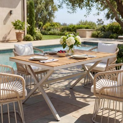 Teak Wood Top with Beige Steel Frame Outdoor Dining Table - Teak+