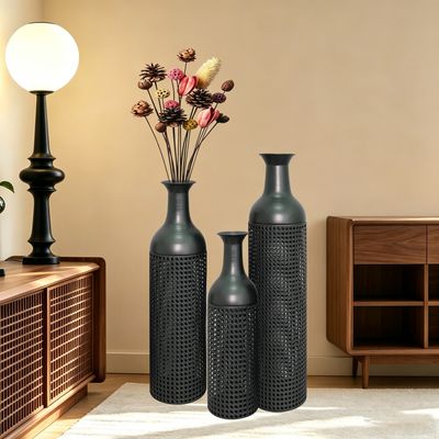 Decorative Metal Vases Set of 3 - Beige+Black+Grey