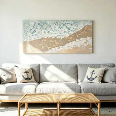 24x48 Neutral Beach Landscape Canvas Wall Art - Beige+Blue