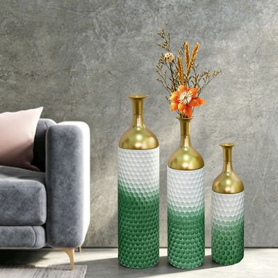 Decorative Metal Vases Set of 3 - White+Green
