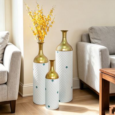 Decorative Metal Vases Set of 3 - White+Gold