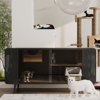 55.12 Spacious Cat House with Tempered Glass - Black+Brown