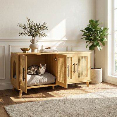 Myra Indoor Premium Rubber Wood Cat Cabinet with Plush Cushion –