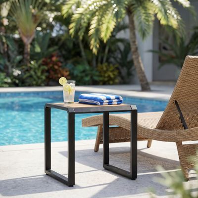 Outdoor Side Table with Teak Wood Top - Black, Teak