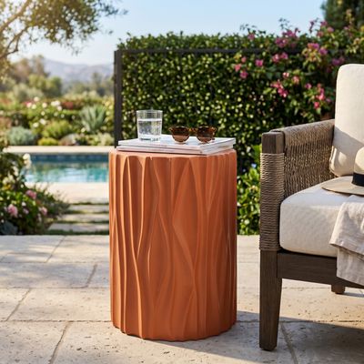 Terracotta Wave Textured MGO Cylindrical Side Table