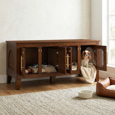 Lars Indoor Rattan Decorated Rubber Wood Dog Crate Cabinet Furniture –