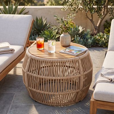 Round Acacia Wood Side Table with Light Beige Rope Frame - Light beige