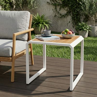 Outdoor Side Table with Teak Wood Top - Teak, White