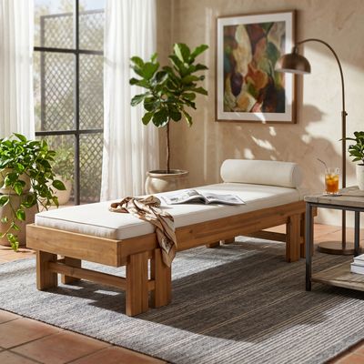 Teak Finish Acacia Wood Daybed with Cream Cushion & Pillow - Cream