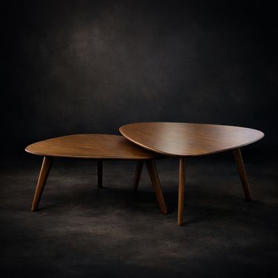 Triangular 2 - Piece Walnut Wood Nesting Table