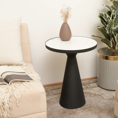 End Table White Marble Top Side Table Black Metal Frame - White+Black
