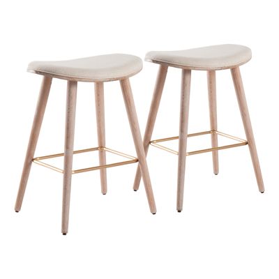 26 Contemporary Counter Stool in White Washed Wood and Cream Fabric