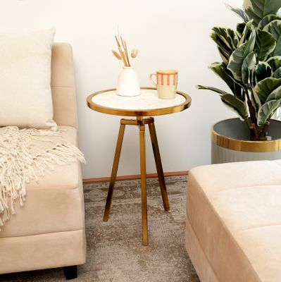 Round Marble Top Side Table Gold Metal Frame End Table - Gold+White