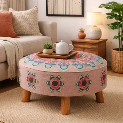Mandala Slub Ottoman 24x24x12" Beige Cotton Fabric