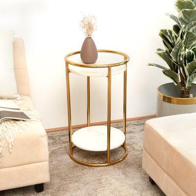 White Marble Side Table with 2 - Tier Gold Frame - 16X16X24
