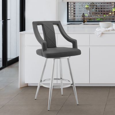 Norcia 30" Gray Faux Leather and Brushed Stainless Steel Swivel Bar