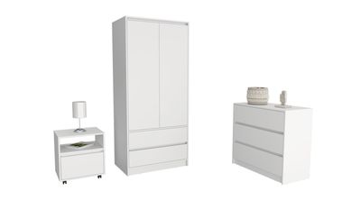 Beloit 3 Piece Bedroom Set, Nightstand + Dresser+ Armoire, White
