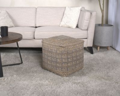 Ceasar Handcrafted Square Pouf, Taupe and Gold - Taupe+Gold
