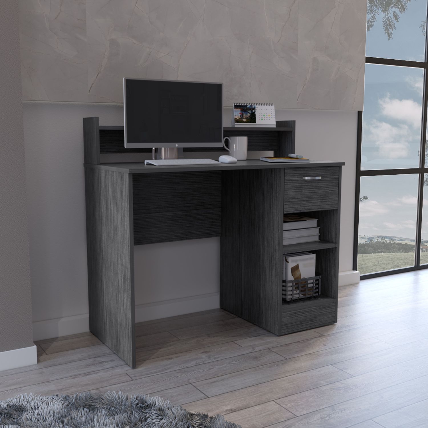 Computer Desk Delmar with Open Storage Shelves and Single Drawer Computer Desk Delmar with Open Storage Shelves and Single Drawer