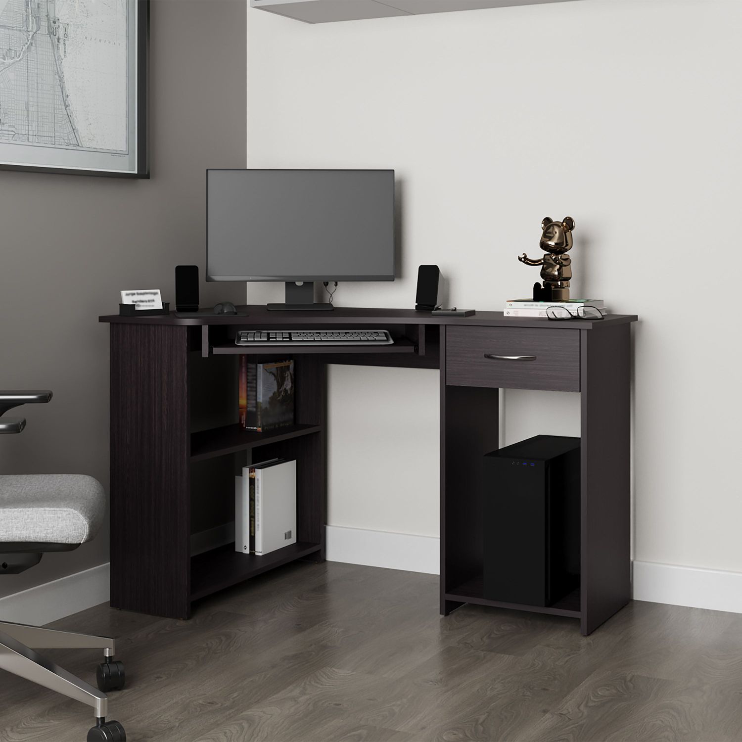 Wenge Corner Computer Desk L - Shaped with Drawer and Shelf Wenge Corner Computer Desk L - Shaped with Drawer and Shelf