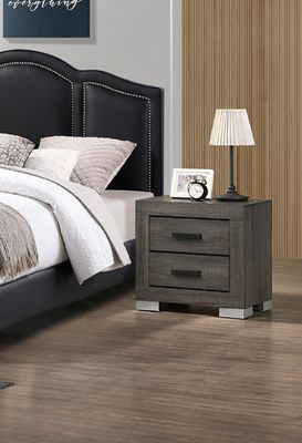2 Drawers Wood Nightstand With Black Handles In Foil Grey