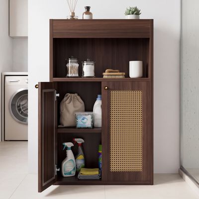 OMCHOM Bathroom Floor Storage Cabinet with 2 Rattan Doors - Brown