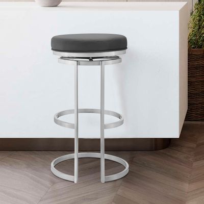 Quinix 30" Gray Faux Leather and Brushed Stainless Steel Swivel Bar