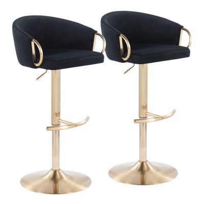 Contemporary Adjustable Bar Stool in Gold Metal and Black Velvet - Set