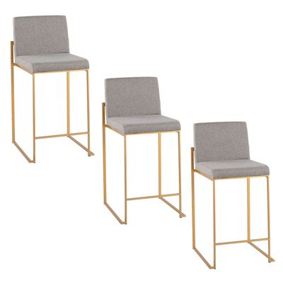 26 Contemporary High Back Counter Stool in Gold Steel and Grey Fabric