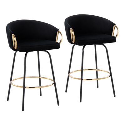 Contemporary Counter Stool in Black Metal and Black Velvet with Gold